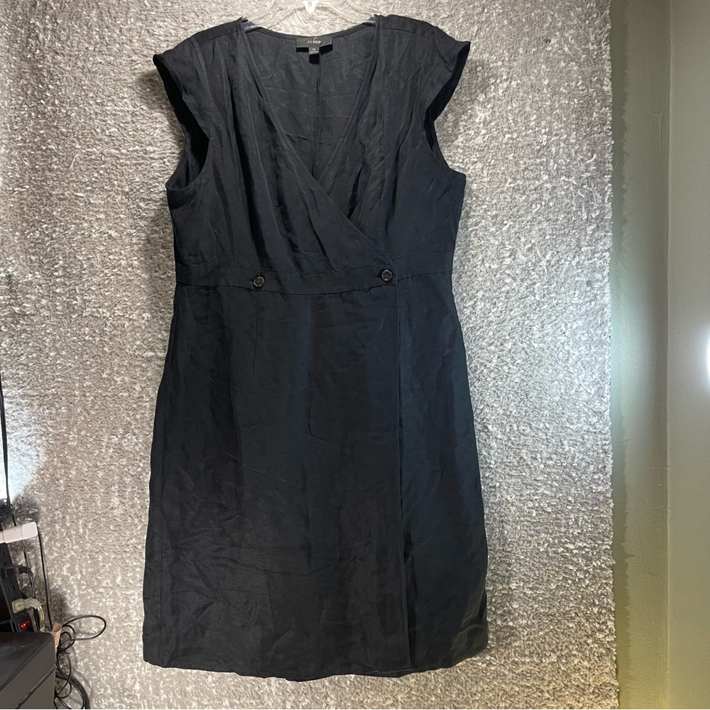 J.‎ Crew  Womens Black Linen Cupro Blend Wrap Sheath Dress Sz 16 Preppy Classic